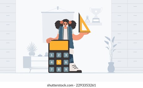 Energized woman holding a ruler and calculator, learning subject. Trendy style, Vector Illustration