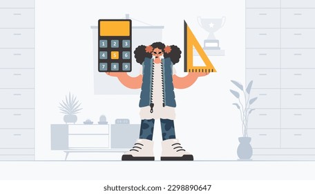 Energized woman holding a ruler and calculator, learning subject. Trendy style, Vector Illustration