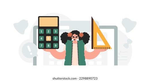 Energized woman holding a ruler and calculator, learning subject. Trendy style, Vector Illustration