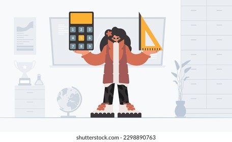 Energized woman holding a ruler and calculator, learning subject. Trendy style, Vector Illustration