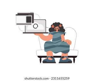 The energized woman is holding a tablet in which data is being synchronized. Kept. Trendy style, Vector Illustration