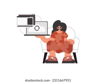 The energized woman is holding a tablet in which data is being synchronized. Kept. Trendy style, Vector Illustration