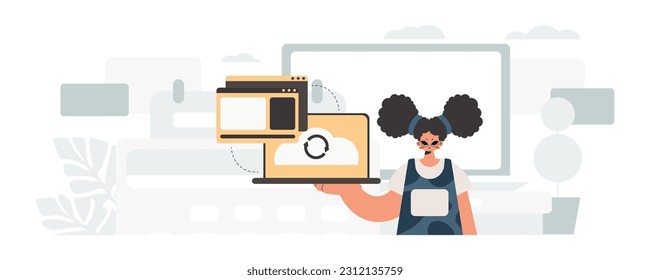 The energized woman is holding a tablet, which is synchronized with the data capacity. Trendy style, Vector Illustration