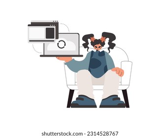 The energized woman is holding a tablet in which data is being synchronized. Kept. Trendy style, Vector Illustration