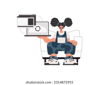 The energized woman is holding a tablet in which data is being synchronized. Kept. Trendy style, Vector Illustration