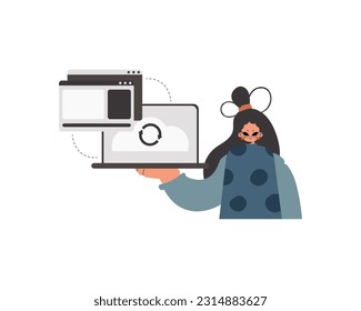 The energized woman is holding a tablet in which data is being synchronized. Isolated. Trendy style, Vector Illustration