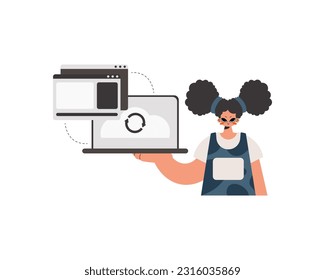 The energized woman is holding a tablet in which data is being synchronized. Disengaged. Trendy style, Vector Illustration