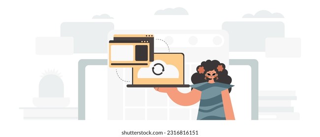 The energized woman is holding a tablet, which is synchronized with the data capacity. Trendy style, Vector Illustration