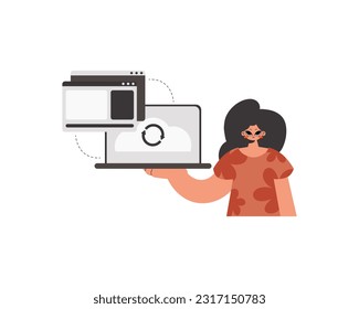 The energized woman is holding a tablet in which data is being synchronized. Isolated. Trendy style, Vector Illustration