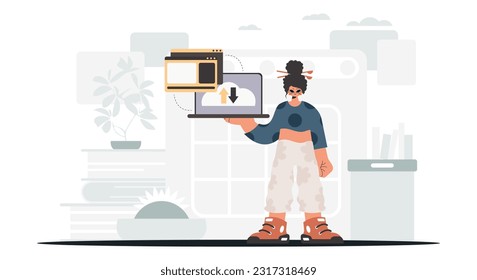 The energized woman is holding a tablet, which is synchronized with the data capacity. Trendy style, Vector Illustration