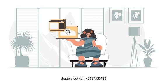 The energized woman is holding a tablet, which is synchronized with the data capacity. Trendy style, Vector Illustration