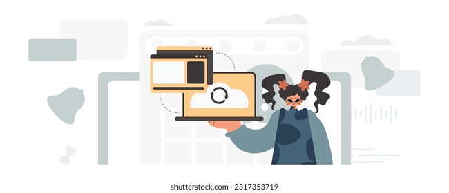 The energized woman is holding a tablet, which is synchronized with the data capacity. Trendy style, Vector Illustration