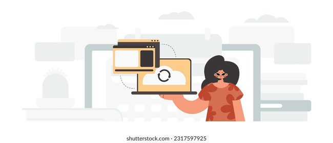 The energized woman is holding a tablet, which is synchronized with the data capacity. Trendy style, Vector Illustration