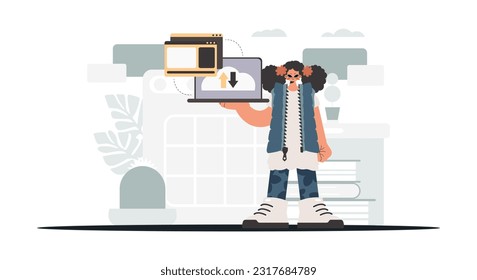 The energized woman is holding a tablet, which is synchronized with the data capacity. Trendy style, Vector Illustration