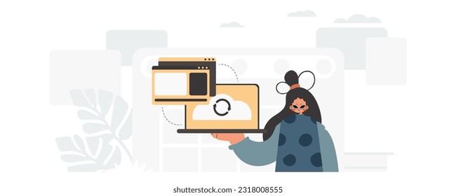 The energized woman is holding a tablet, which is synchronized with the data capacity. Trendy style, Vector Illustration