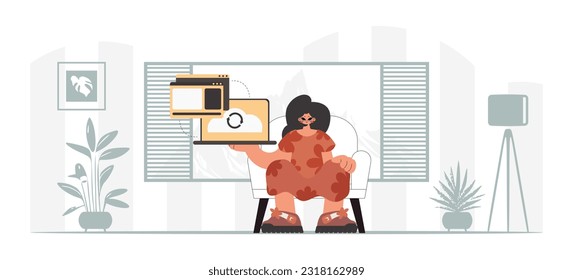 The energized woman is holding a tablet, which is synchronized with the data capacity. Trendy style, Vector Illustration