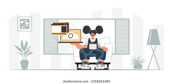 The energized woman is holding a tablet, which is synchronized with the data capacity. Trendy style, Vector Illustration