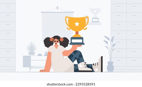 Energized woman holding the winner's holder. Trendy style, Vector Illustration