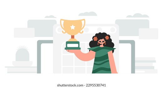 Energized woman holding the winner's holder. Trendy style, Vector Illustration