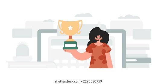 Energized woman holding the winner's holder. Trendy style, Vector Illustration