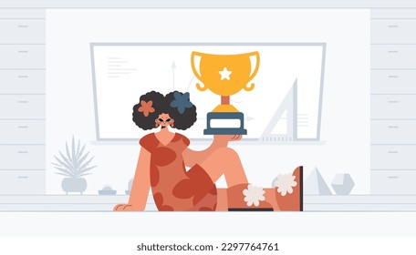 Energized woman holding the winner's holder. Trendy style, Vector Illustration