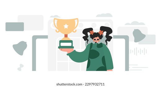 Energized woman holding the winner's holder. Trendy style, Vector Illustration
