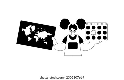The energized woman is holding a world chart and a calendar. Tourism subject. Dim and white line craftsmanship. Trendy style, Vector Illustration