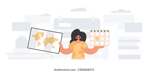 The energized woman holds a calendar and a chart of the world in his hands. The concept of rest and travel. Trendy style, Vector Illustration