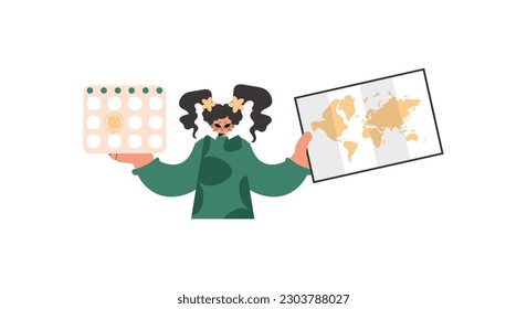 The energized woman holds a calendar and a organize of the world in his hands. Compelled on white establishment. Trendy style, Vector Illustration