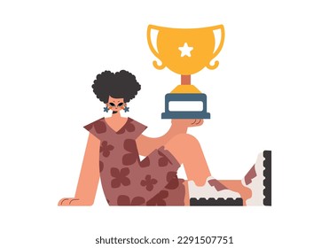 The energized woman holds the glass of the victor in her hands, kept on a white establishment. Trendy style, Vector Illustration