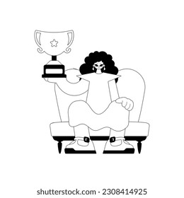 The energized woman holds the holder of the champ in his hands. Dim and white line craftsmanship. Trendy style, Vector Illustration