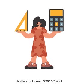 The energized woman holds a ruler and a calculator in her hands, kept on a white establishment. Trendy style, Vector Illustration