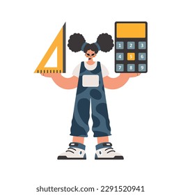 The energized woman holds a ruler and a calculator in her hands, kept on a white establishment. Trendy style, Vector Illustration