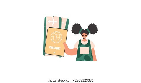 The energized woman holds a visa and exchange for the preeminent conveyed tickets in his hands. Kept on white establishment. Trendy style, Vector Illustration