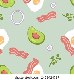 Energizing Eggcited seamless pattern with avocado, bacon and eggs. Food print for paper, fabric, textile. Hand drawn vector illustration.
