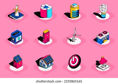 Energy and alternative sources 3d isometric icons set. Pack elements of wind turbine, battery, light bulb, generator, station, solar panel and others. Vector illustration in modern isometric design