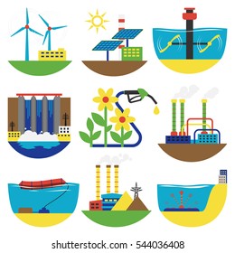 Energy alternative sources vector set illustration.Energetics power station types solar, hydro, wind-energetic. 
