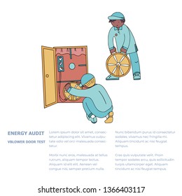 Energy audit with blower door test doodles for home energy audit services sites, promomaterials, articles  and brochures. Text template.