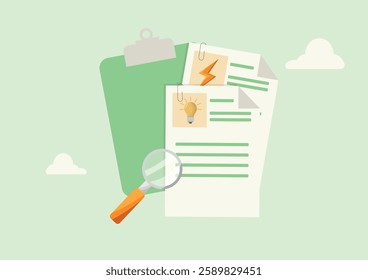Energy Audit and Calculation Concept.energy audit documents, a magnifying glass, and a calculator displaying "ENERGY" symbolizing energy analysis, efficiency, and cost calculation. Vector illustration