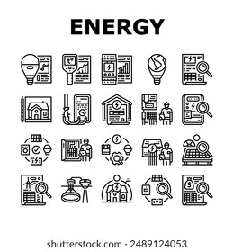 energy audit electricity building icons set vector. business office, efficient house, cost energetic, home green, money chart, water energy audit electricity building black contour illustrations
