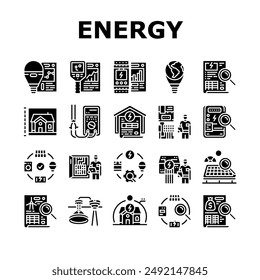energy audit electricity building icons set vector. business office, efficient house, cost energetic, home green, money chart, water energy audit electricity building glyph pictogram Illustrations