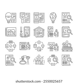 energy audit electricity building icons set vector. business office, efficient house, cost energetic, home green, money chart, water energy audit electricity building black contour illustrations