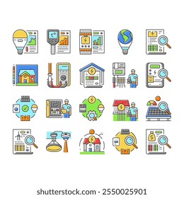 energy audit electricity building icons set vector. business office, efficient house, cost energetic, home green, money chart, water energy audit electricity building color line illustrations