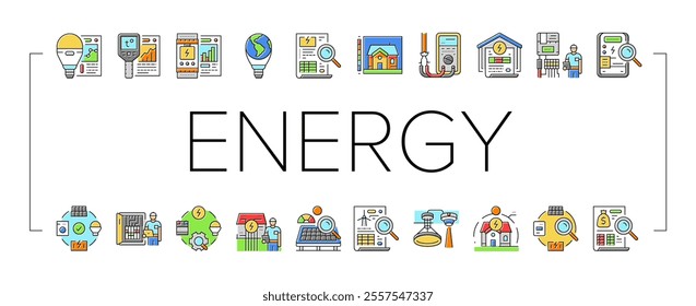 energy audit electricity building icons set vector. business office, efficient house, cost energetic, home green, money chart, water energy audit electricity building color line illustrations