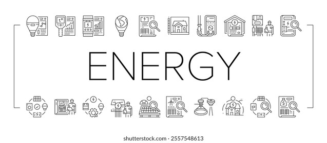 energy audit electricity building icons set vector. business office, efficient house, cost energetic, home green, money chart, water energy audit electricity building black contour illustrations