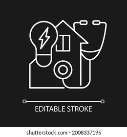 Energy audit white linear icon for dark theme. Inspecting residential house for power usage. Thin line customizable illustration. Isolated vector contour symbol for night mode. Editable stroke
