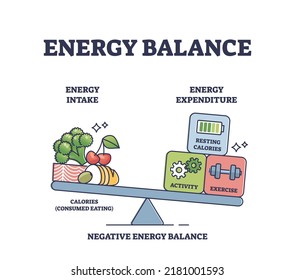 Energy balance with calories intake or daily expenditure outline diagram. Labeled educational scheme with food consumption and activities, fitness or exercise weights for body mass vector illustration