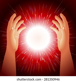 Energy ball in hands; Magic light created by hands sorcerer; Thunder-ball is held between the palms; No Mesh; Vector Eps10
