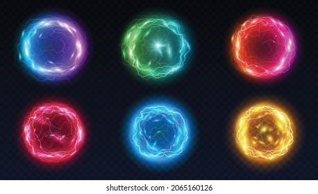 Energy balls and plasma sphere, electric lightning and light flash sparks. Magic lightning discharge. Realistic electricity light sphere isolated on dark background. 3d vector illustration