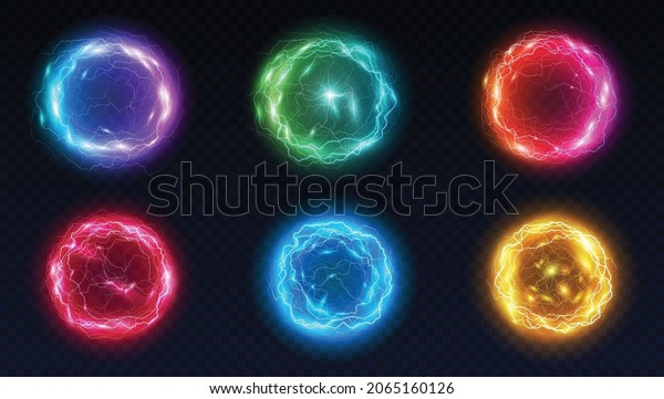Energy balls and plasma sphere, electric\
lightning and light flash sparks. Magic lightning discharge.\
Realistic electricity light sphere isolated on dark background. 3d\
vector illustration